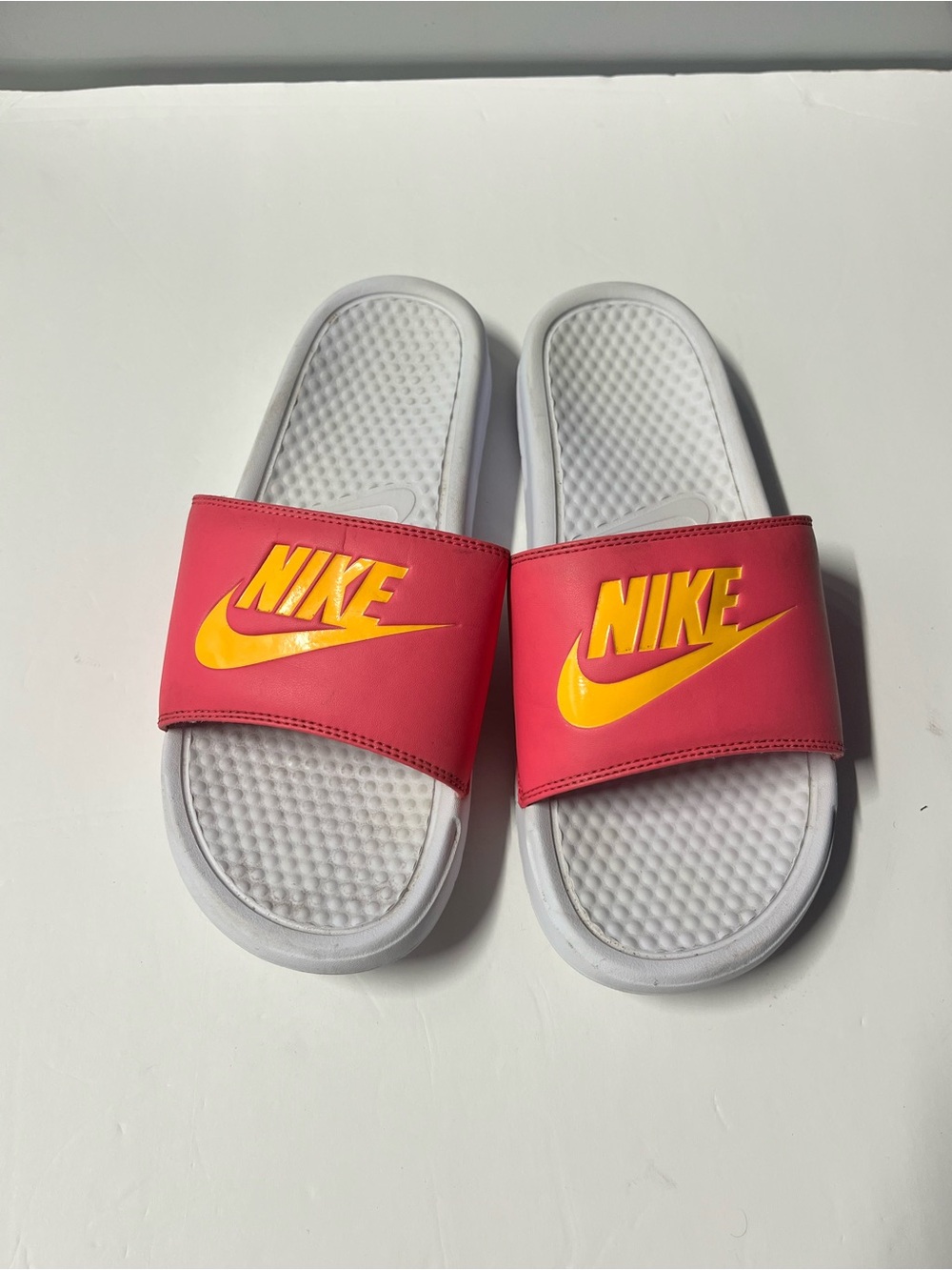 Nike Pink Slides with Yellow Logo and White Footbed